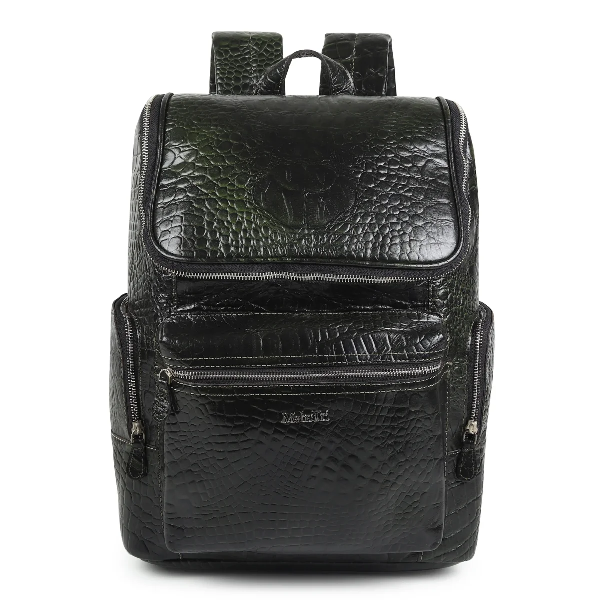 Regal Crocodile Texture Leather Backpack, Dark Green