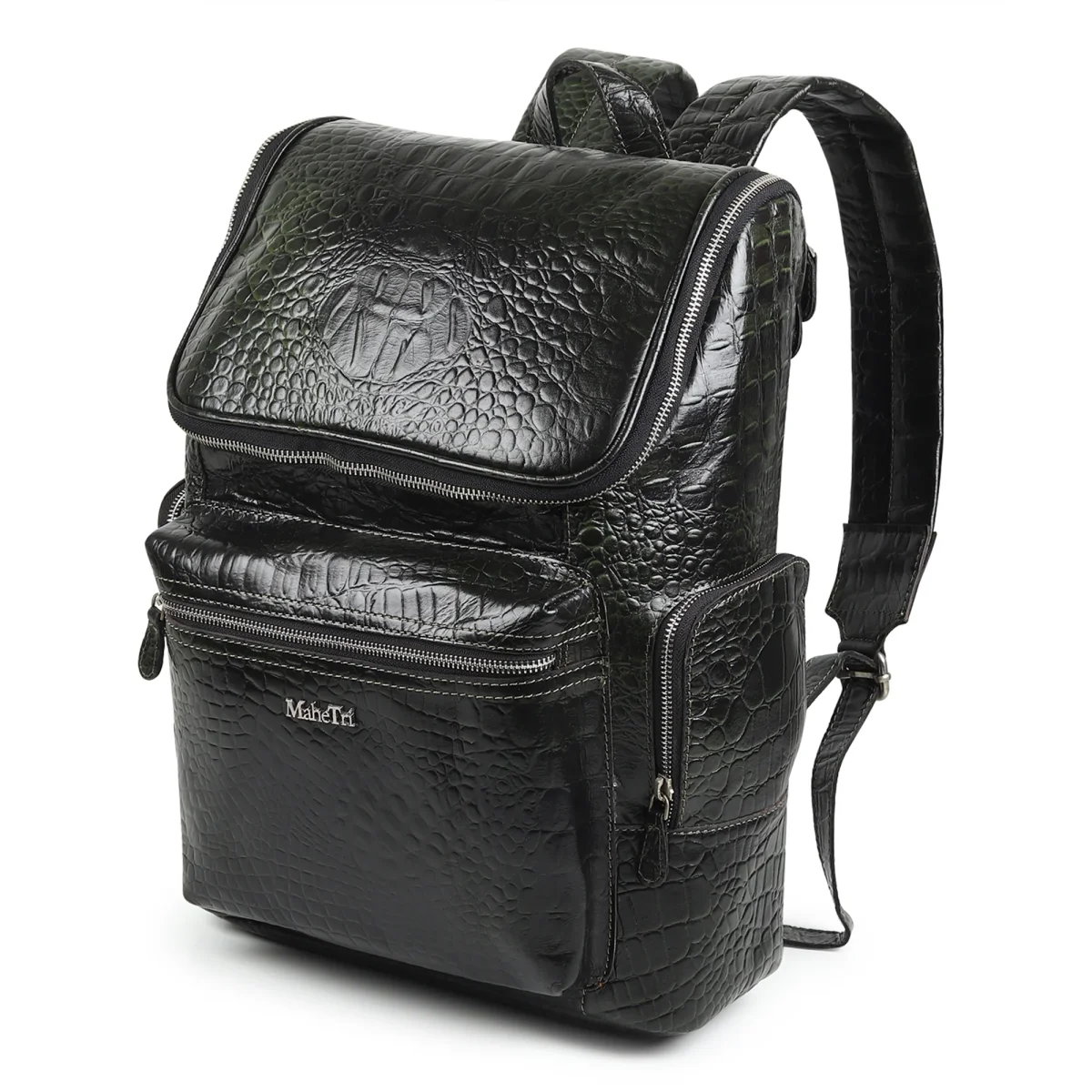 Regal Crocodile Texture Leather Backpack, Dark Green - Imagen 4