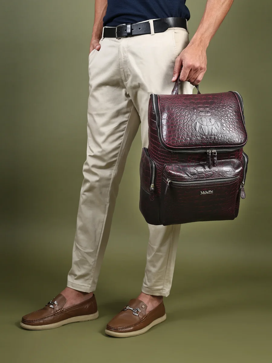 Regal Crocodile Texture Laptop Backpack, Pinkish Red - Imagen 7