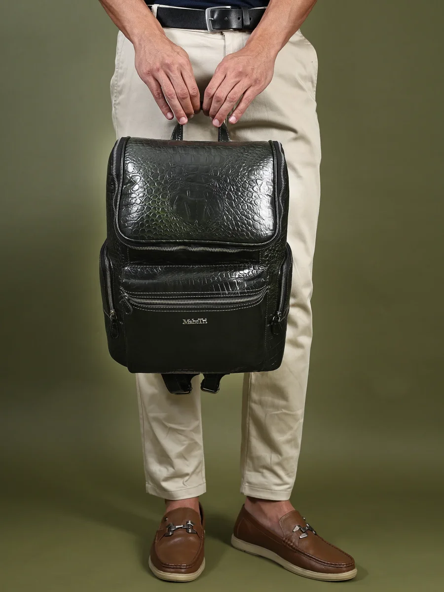 Regal Crocodile Texture Leather Backpack, Dark Green - Imagen 9