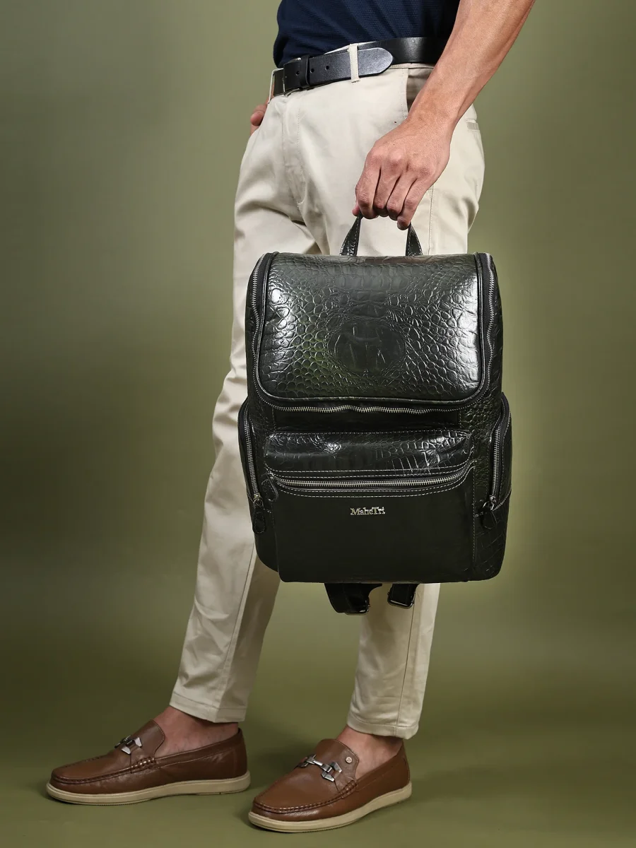Regal Crocodile Texture Leather Backpack, Dark Green - Imagen 5