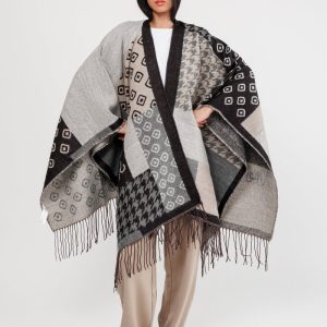 Poncho con flecos negro y beige