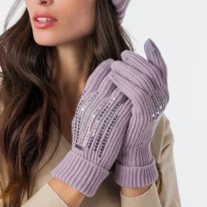 Guantes de punto lila con lentejuelas