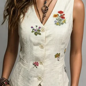 Chaleco de Lino con Bordado Floral