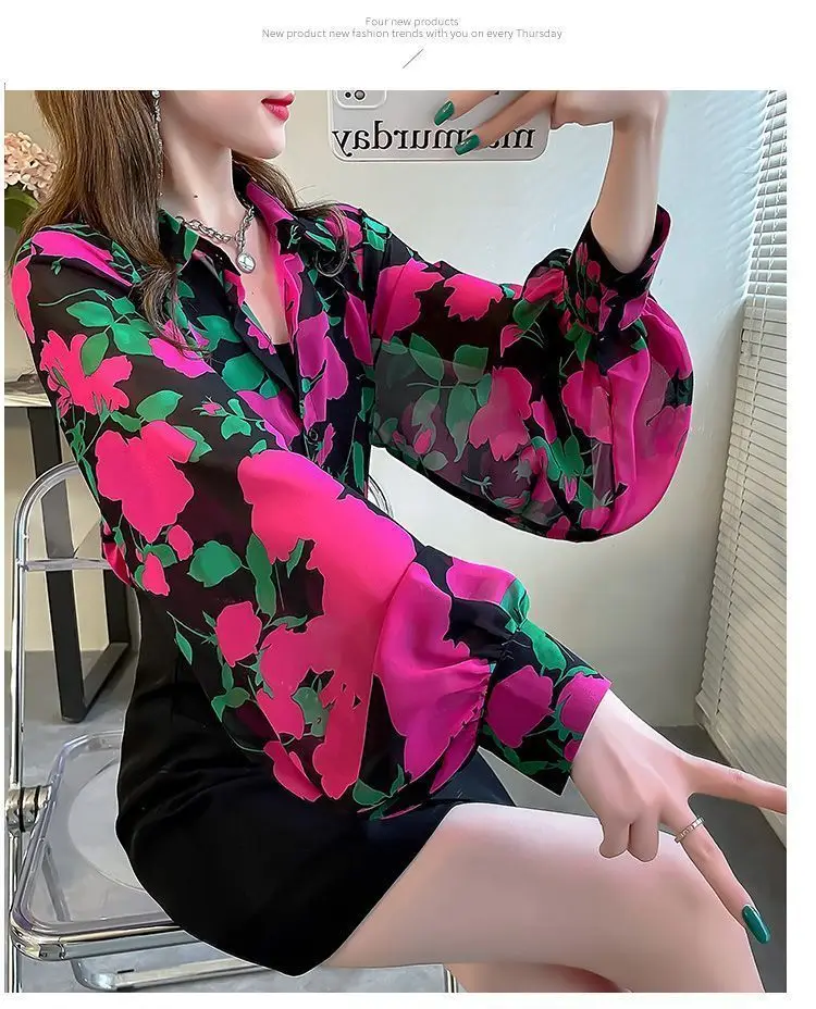 Blusa Chifón Estampada con Mangas Globo - Imagen 9