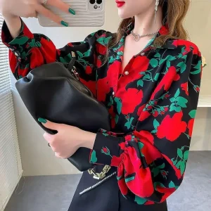 Blusa Chifón Estampada con Mangas Globo