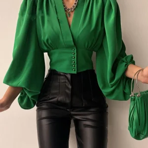 Blusa Satinada Manga Globo S-3XL